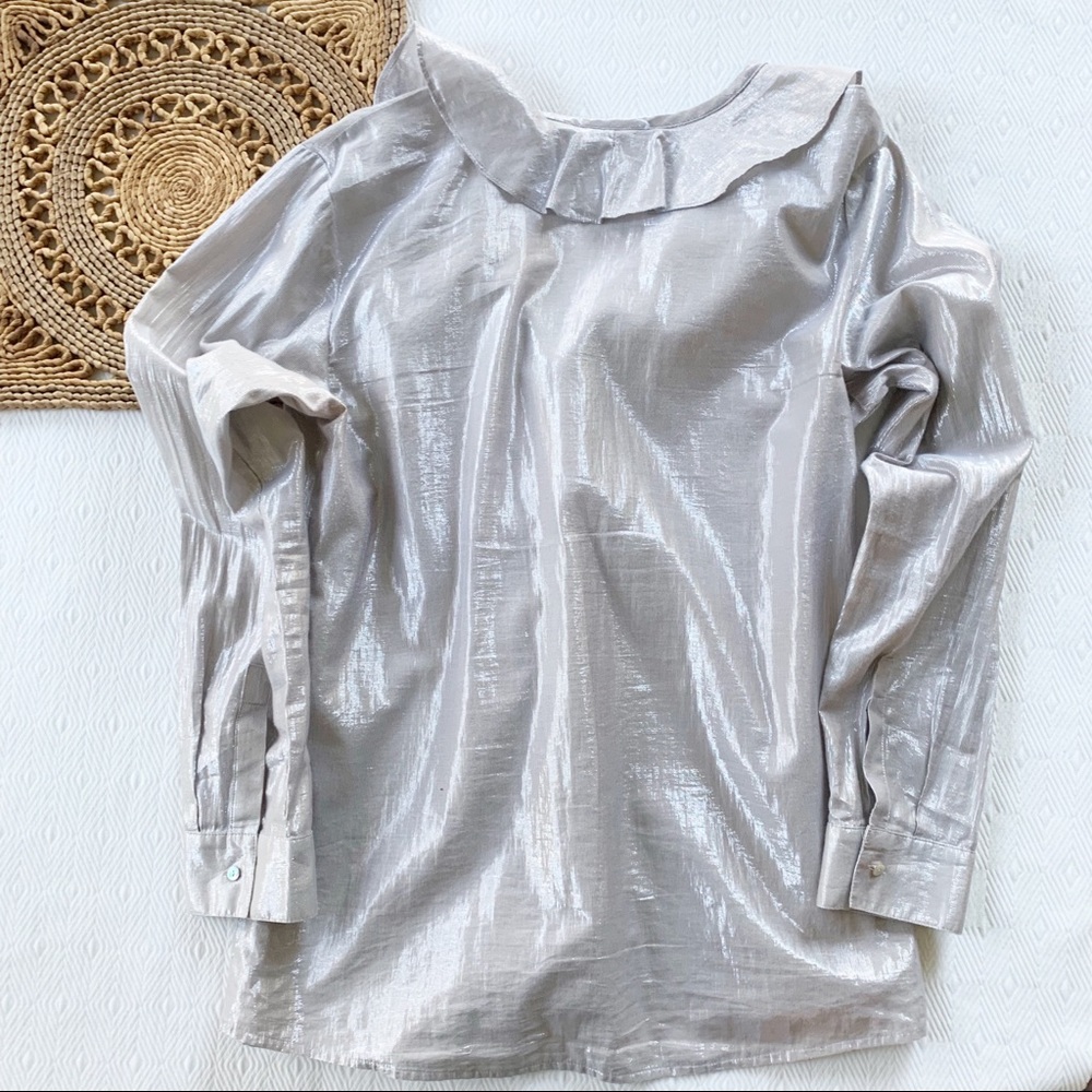 Chico's Ruffled Blouse Metallic Silver sz1 - Picture 2 of 5